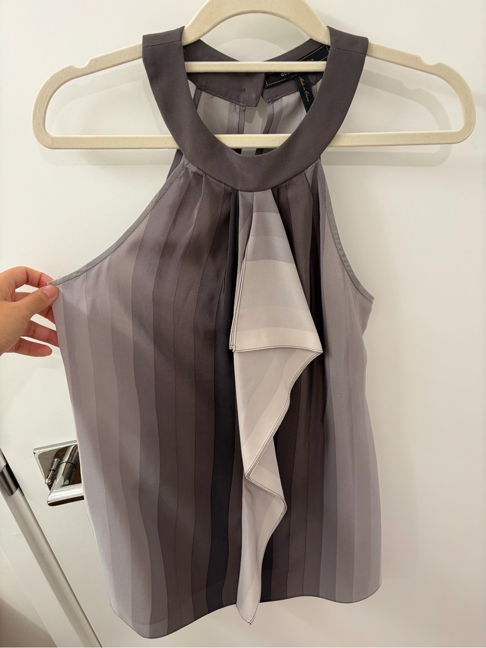 BCBGMaxAzria Gray Striped Halter Blouse with Front Ruffle
